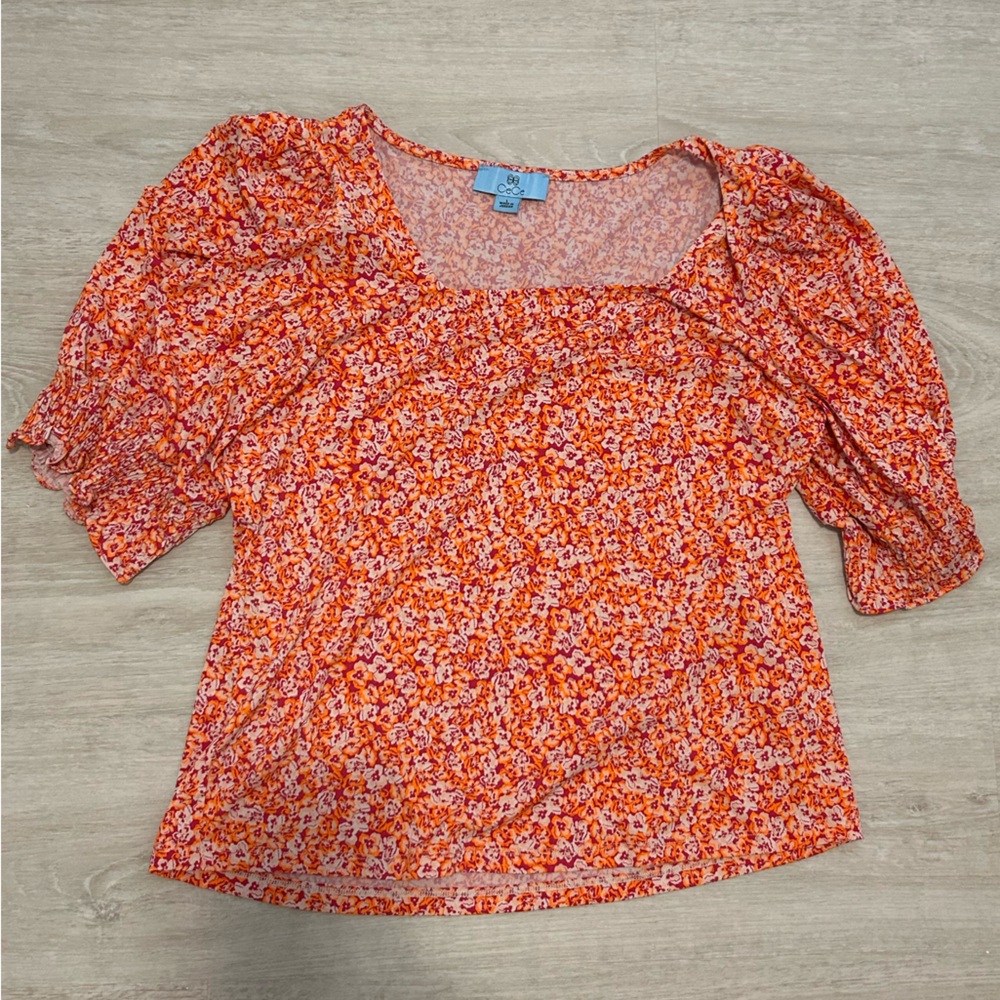 CeCe Vibrant Floral Blouse in Pink and Orange - Large